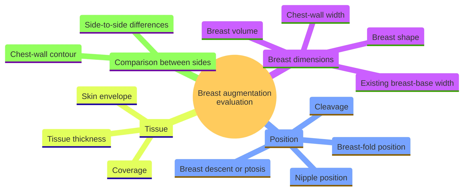 A mind map of the factors a surgeon may evaluate when a desired breast volume is considered: breast dimensions, position, tissue, and side-to-side differences.